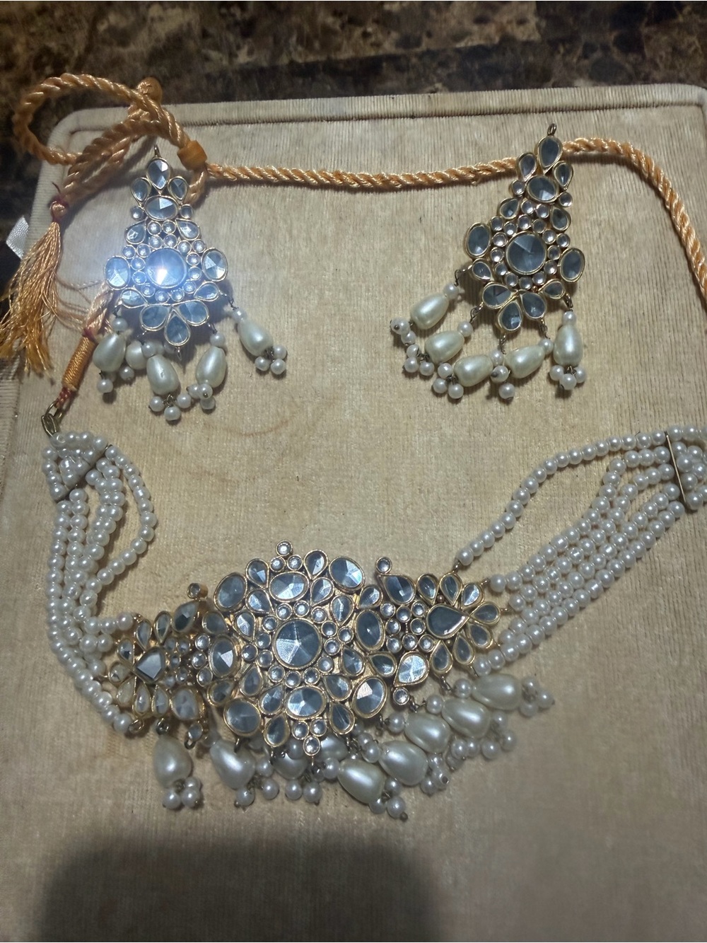 Elegant Pearl and Kundan Bridal Necklace Set - White
